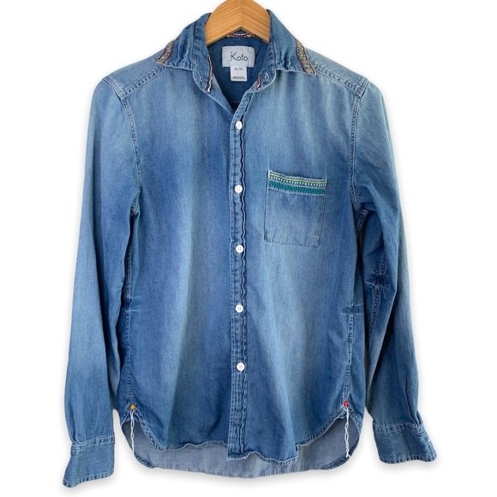 Urban Outfitters Koto Chambray denim western embroidered button shirt boho Top